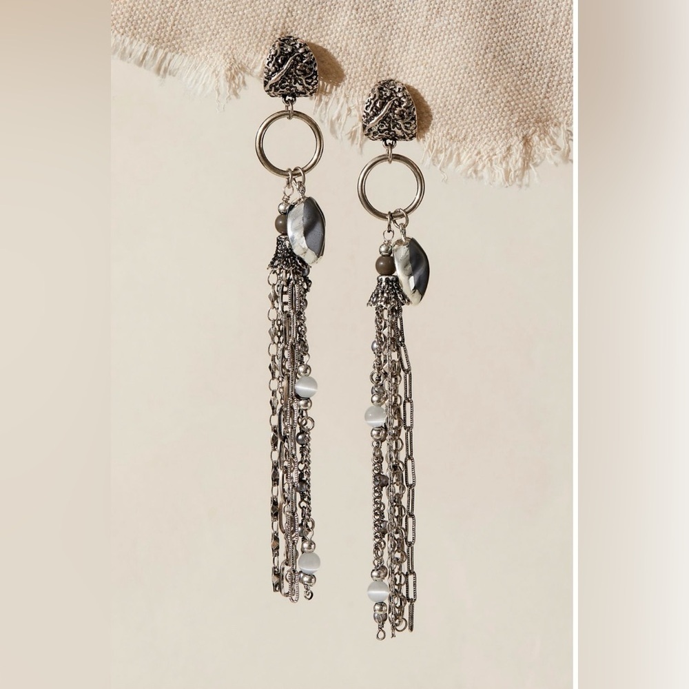 Free People Silver Tassel Drop Earrings with Pearl Accents